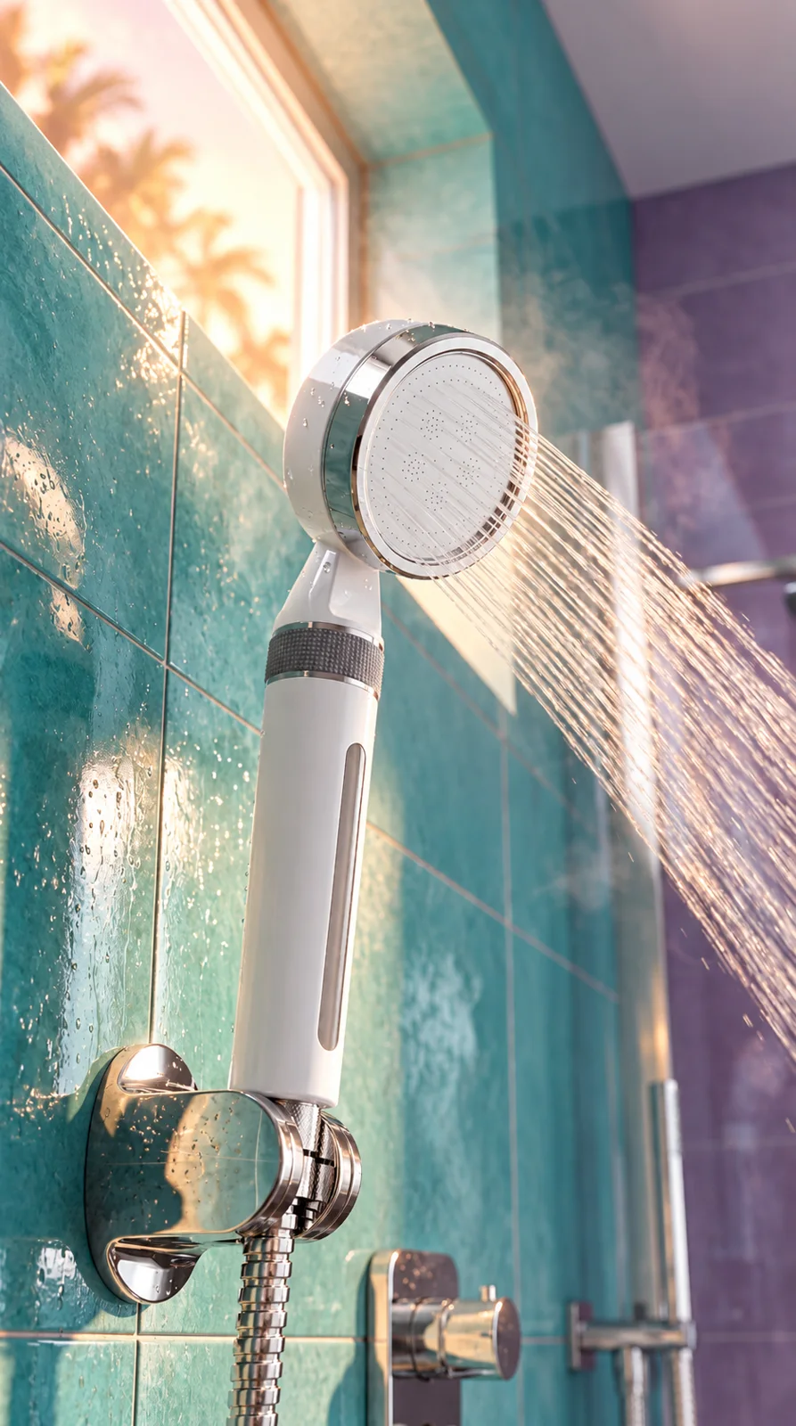 White and chrome Botanve shower head installed in a bathroom